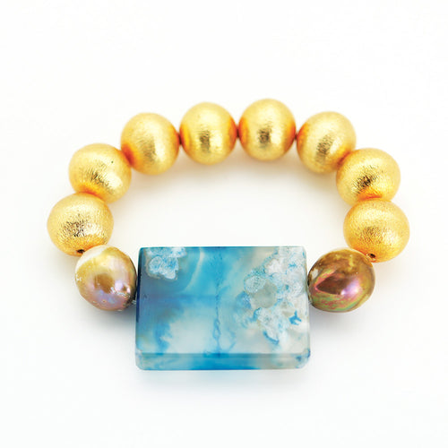 Brushed Gold Ball with Blue Agate Enhancer with Baroque Pearls
