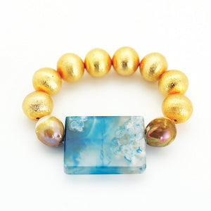Brushed Gold Ball with Blue Agate Enhancer with Baroque Pearls