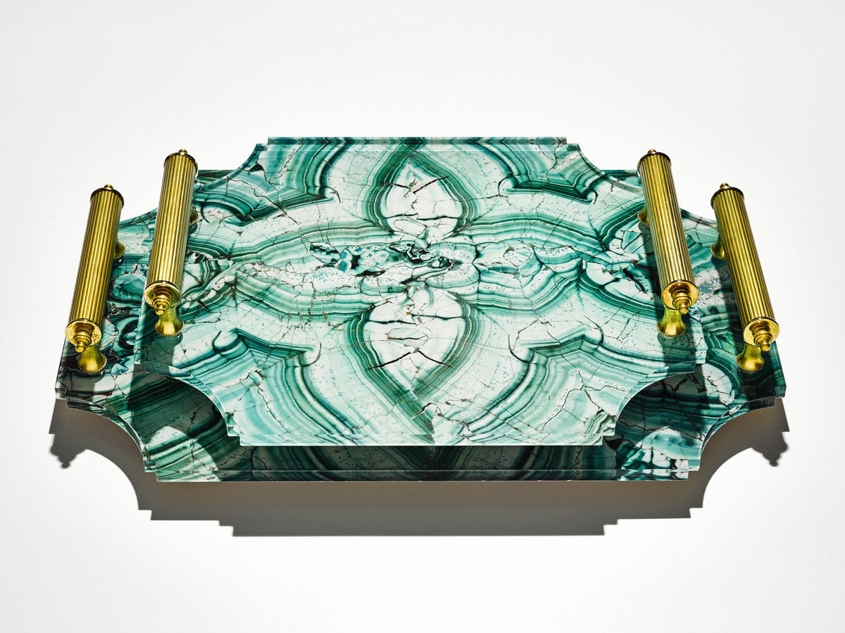 Acrylic Tray in Malachite with Brass Handles | Home Decor – Reprotique