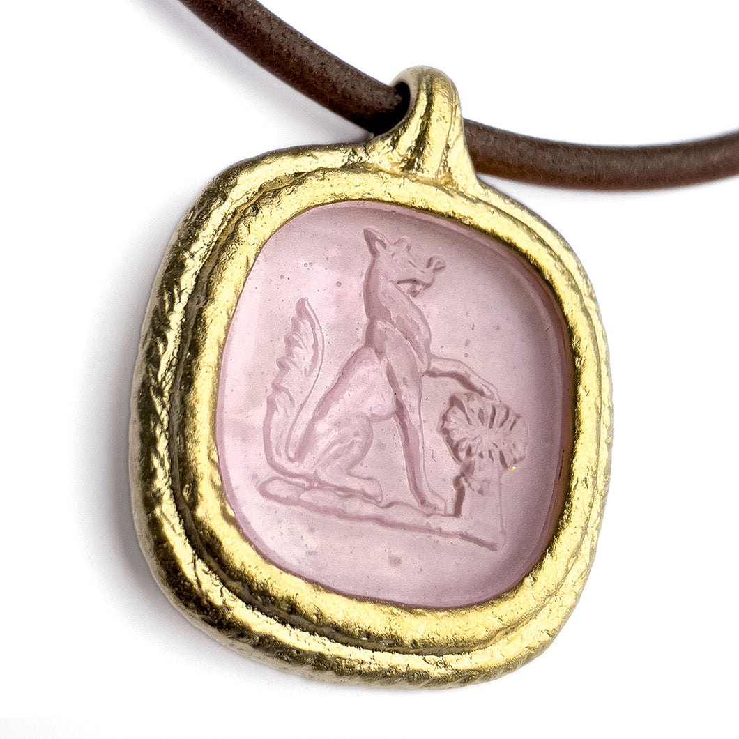 Fob Necklace, Glass Fox Intaglio Pink