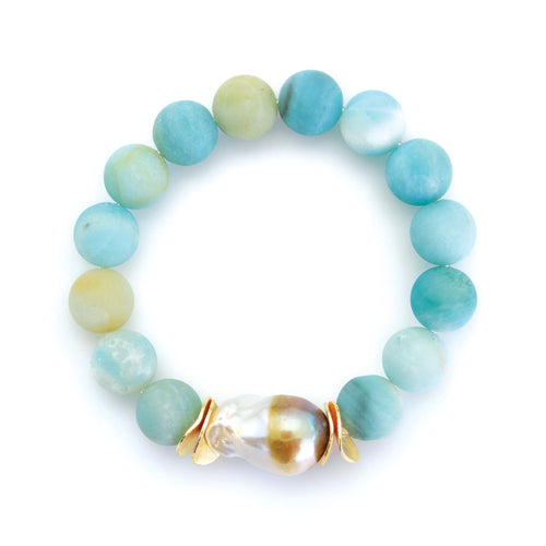 Matte Blue Agate Beads with Baroque Pearl