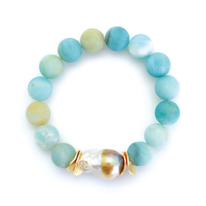 Matte Blue Agate Beads with Baroque Pearl