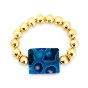 Carved Gold Ball Bracelet with Blue Agate Enhancer