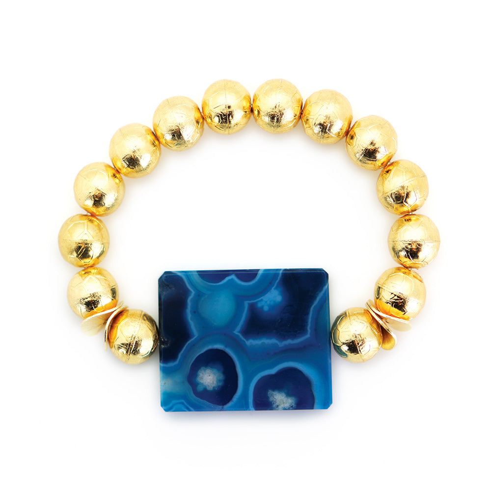 Carved Gold Ball Bracelet with Blue Agate Enhancer