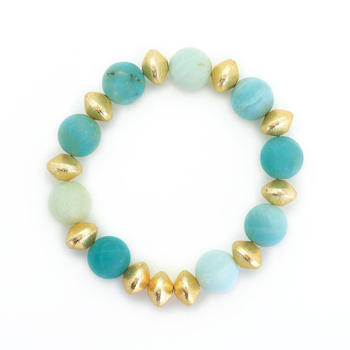 Carved Gold Ball Bracelet with Blue Agate Beads