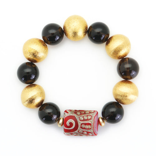 Brushed Gold & Smoke Bead Bracelet with Aztec Enhancer