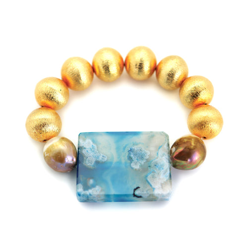 Gold Brushed Ball with Blue Agate Enhancer and Baroque Pearls