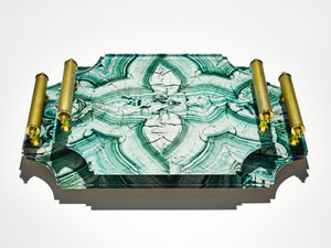 Acrylic Tray in Malachite with Brass Handles